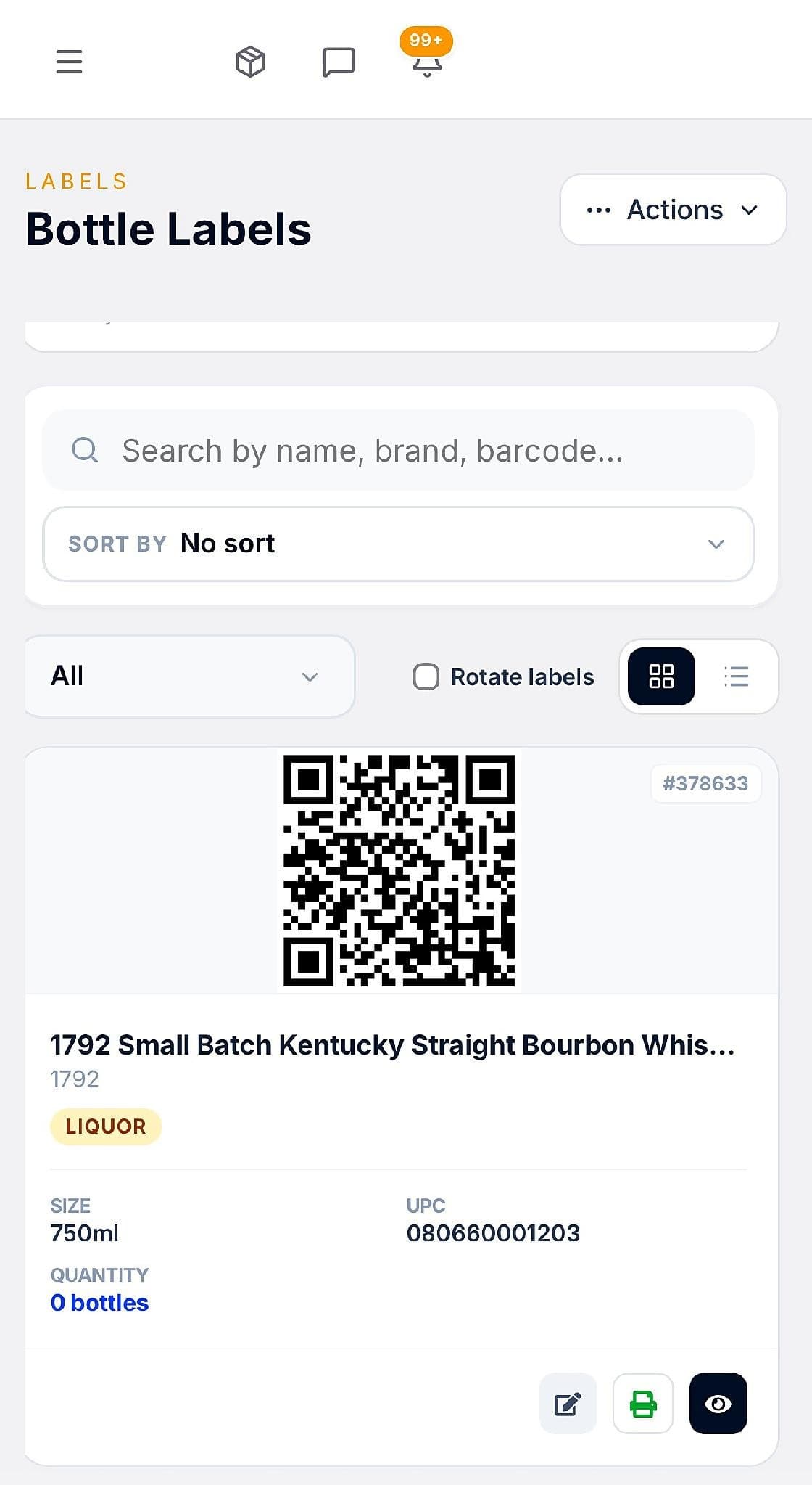 Bottle Labels screen in the Allie's app, showing a bottle's QR code