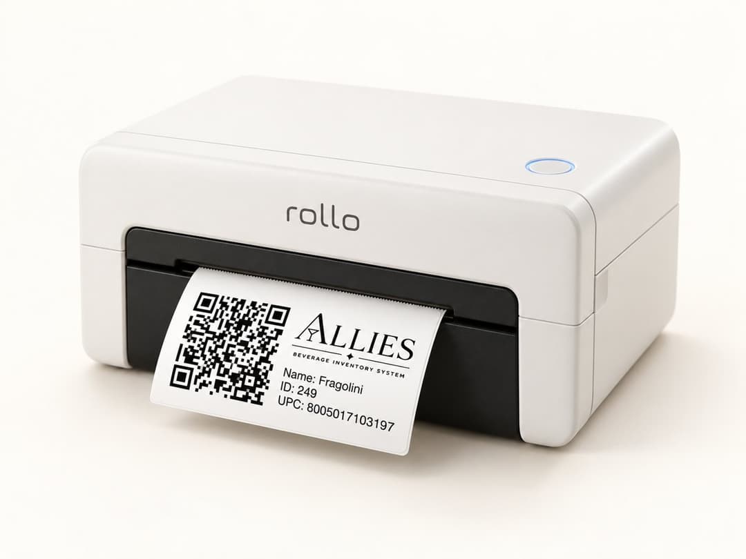 Rollo Wi-Fi printer printing an Allie's QR bottle label